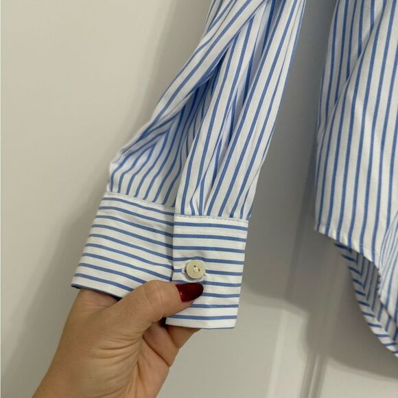 Zara Women's Blue and White Striped Button Down Shirt - Picture 4 of 8